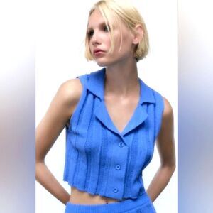 Blue Sleeveless Button-Up Top